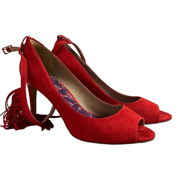 Veerah Pumps Size 10 Women's Volcano Red "The Florence" With Fringes Heels Party - Picture 3 of 11